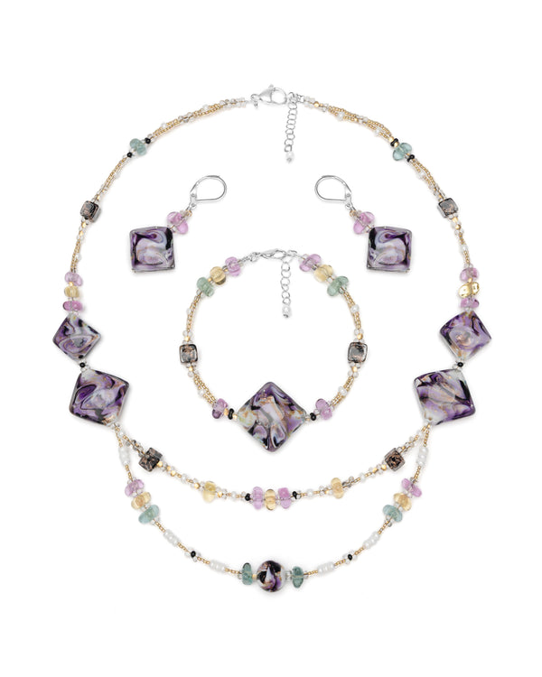 Set Gabriela Mov – colier, brățară și cercei din sticlă de Murano