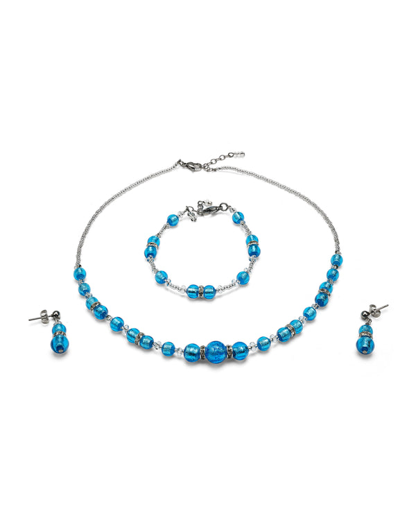 Set Disney Albastru – colier, brățară și cercei din sticlă de Murano, purtate