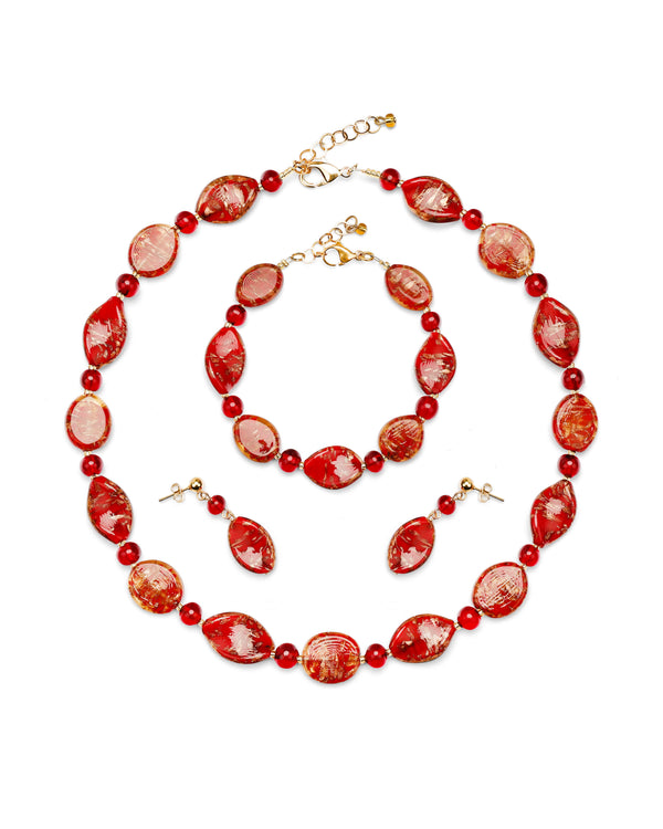 Set Karen Roșu – colier, brățară și cercei din sticlă de Murano